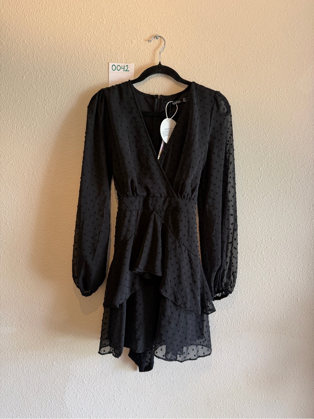 Boohoo Black Swiss Dot Long-Sleeve Wrap Mini Dress